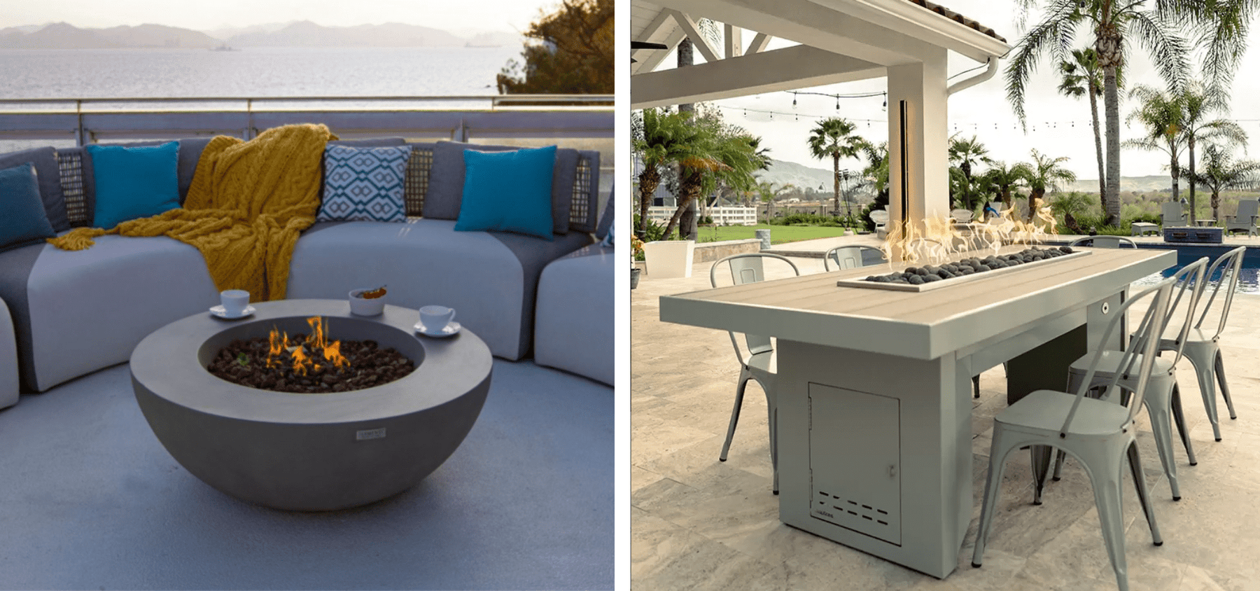 Elementi round concrete fire pit beside seaside seating and The Outdoor Plus linear fire table in a luxury backyard.