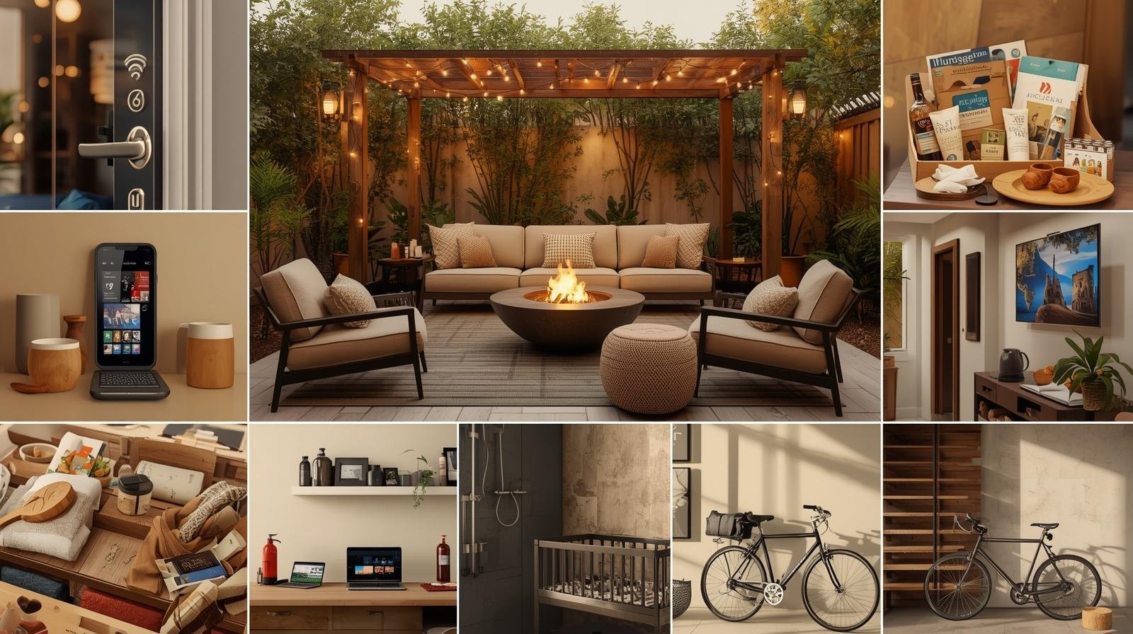 Collage of top Airbnb amenities including smart lock, coffee station, outdoor seating, welcome basket, and more