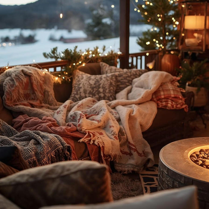 Cozy fire-lit deck showcasing Instagrammable winter patio ideas.