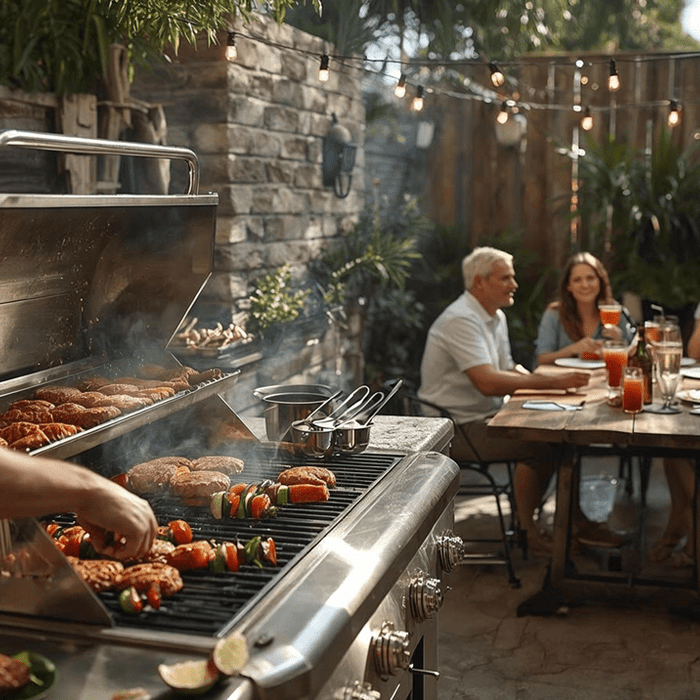 man cooking barbecue for his family