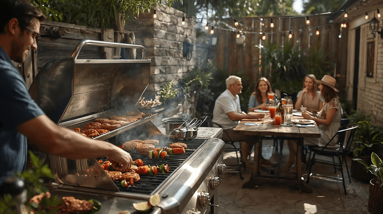 man cooking barbecue for his family
