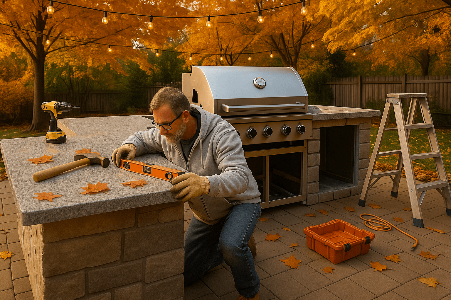 A man working on an outdoor kitchen installation during fall, using a level tool on a stone countertop beside a stainless steel grill. Autumn leaves, string lights, and warm orange foliage create a cozy seasonal backyard setting.