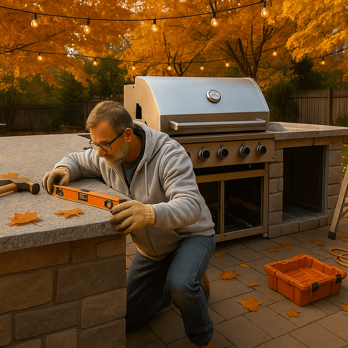 A man working on an outdoor kitchen installation during fall, using a level tool on a stone countertop beside a stainless steel grill. Autumn leaves, string lights, and warm orange foliage create a cozy seasonal backyard setting.