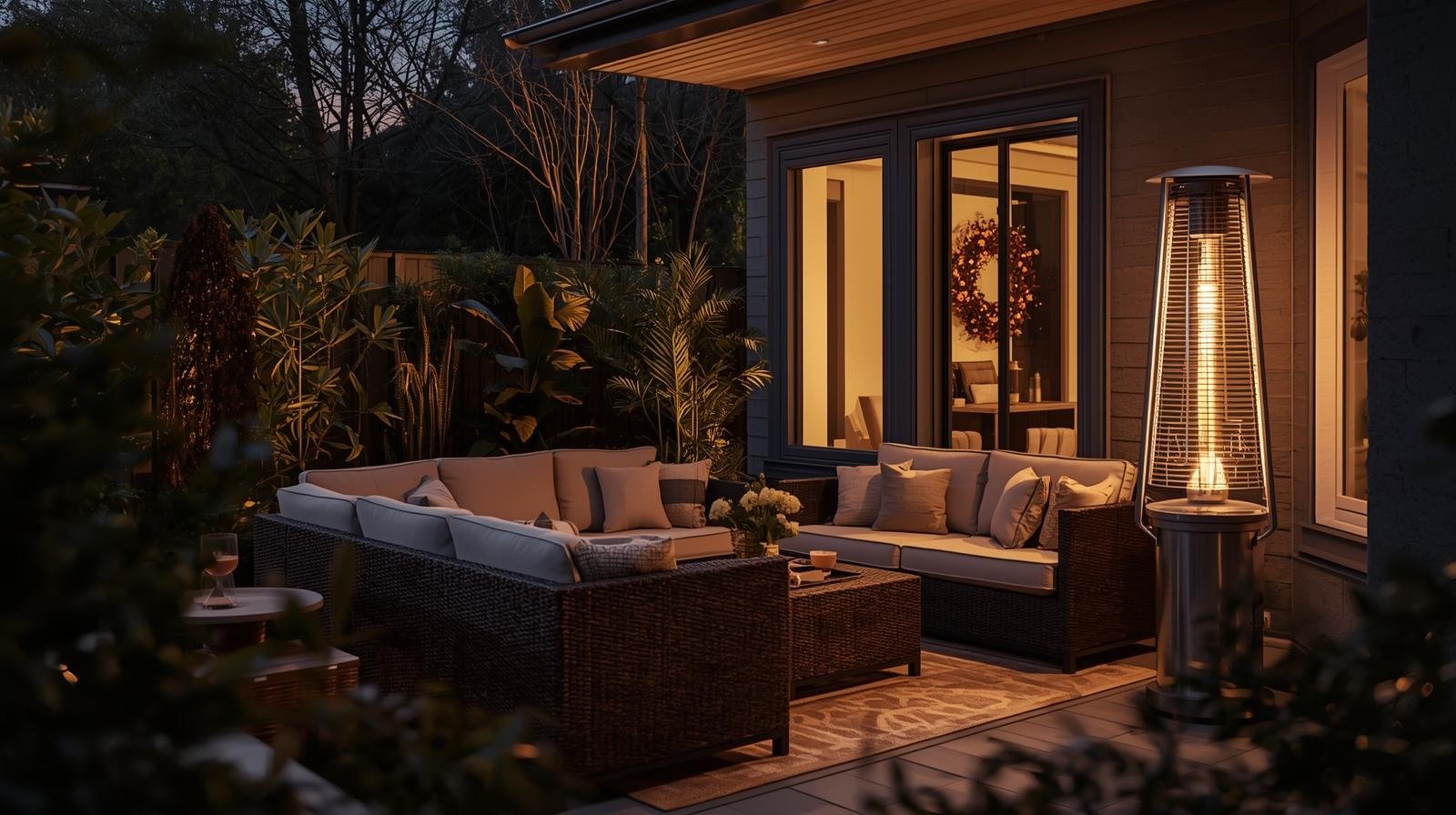 cozy outdoor patio with outdoor heater
