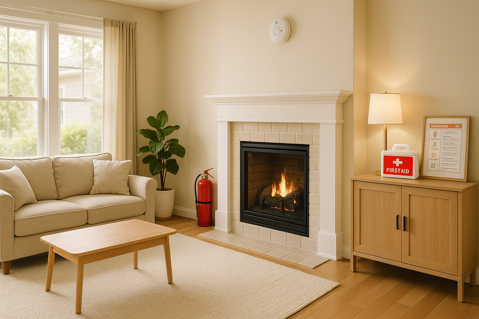 A bright living room with visible safety items — fire extinguisher, smoke detector, first aid kit, and safety notice — creating a calm and secure atmosphere.
