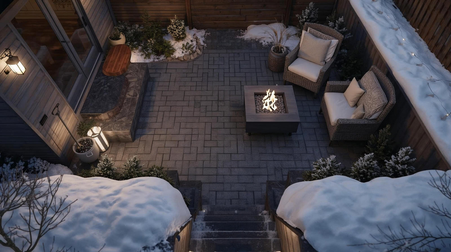 Winter Airbnb patio with cleared snowy steps, safe lighting, and a cozy fire pit ready for guests.