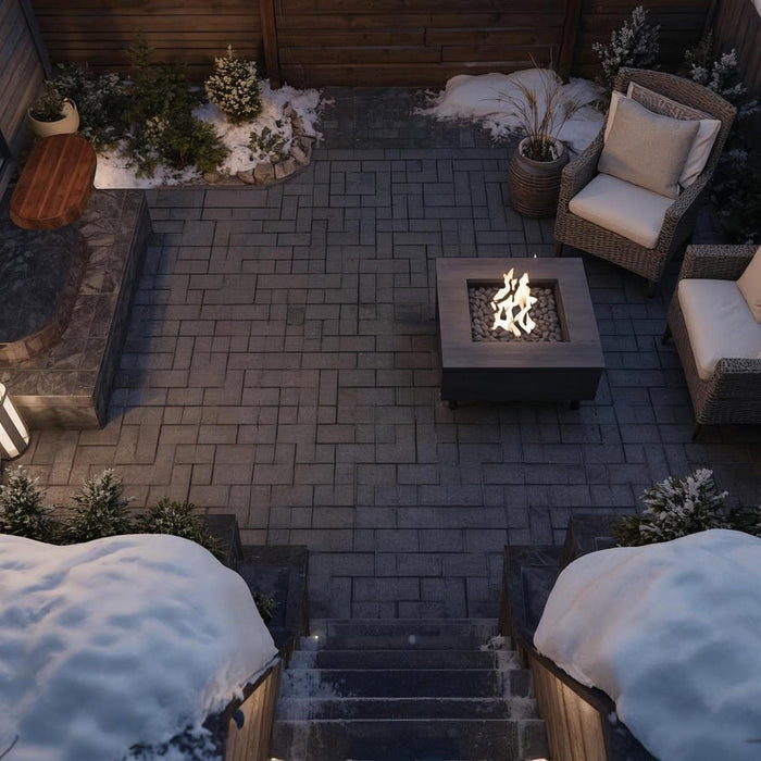 Winter Airbnb patio with cleared snowy steps, safe lighting, and a cozy fire pit ready for guests.