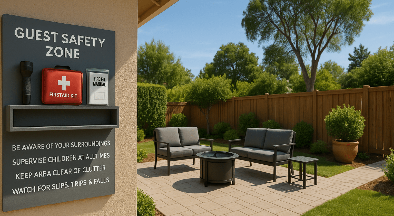 A bright Airbnb backyard showcasing outdoor safety upgrades, including stable patio furniture, clear walkways, safety signage, and a designated guest safety zone.