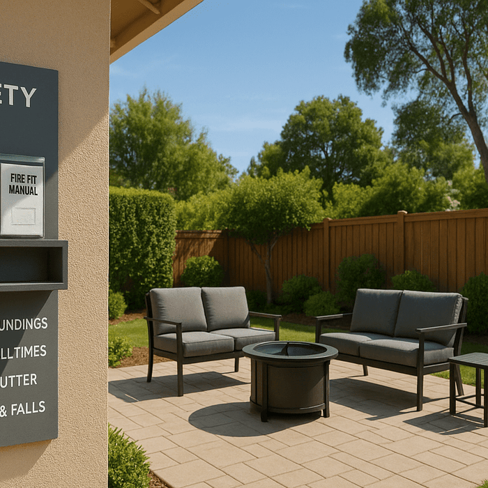 A bright Airbnb backyard showcasing outdoor safety upgrades, including stable patio furniture, clear walkways, safety signage, and a designated guest safety zone.