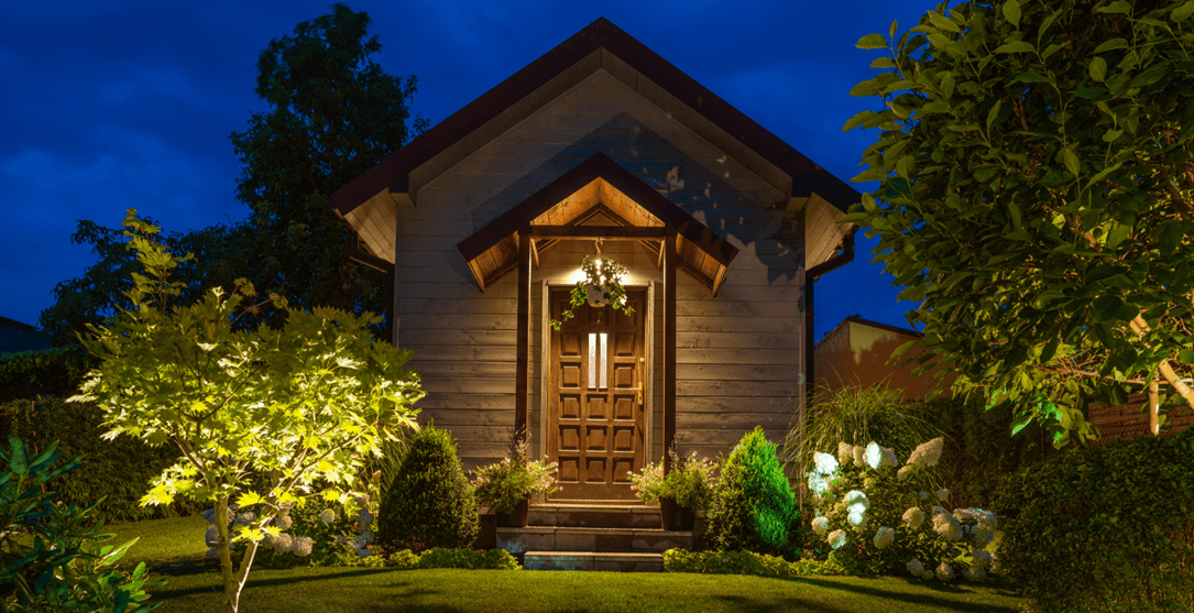 image of a well lit outdoor shed at night