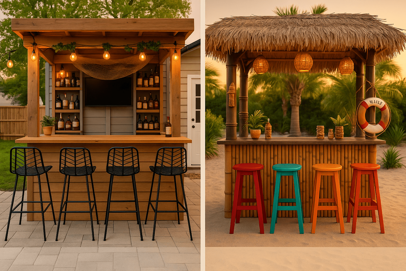 Side-by-side comparison of two outdoor bars, taverns to go on the left and white sands tiki bar on the right