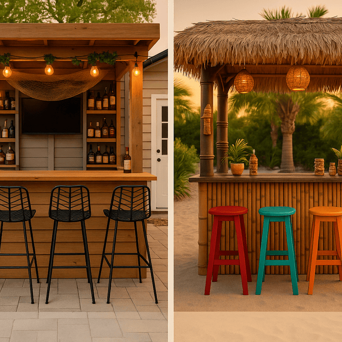Side-by-side comparison of two outdoor bars, taverns to go on the left and white sands tiki bar on the right