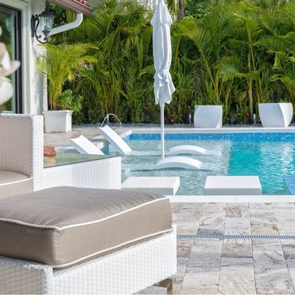outdoor pool with shower and benches
