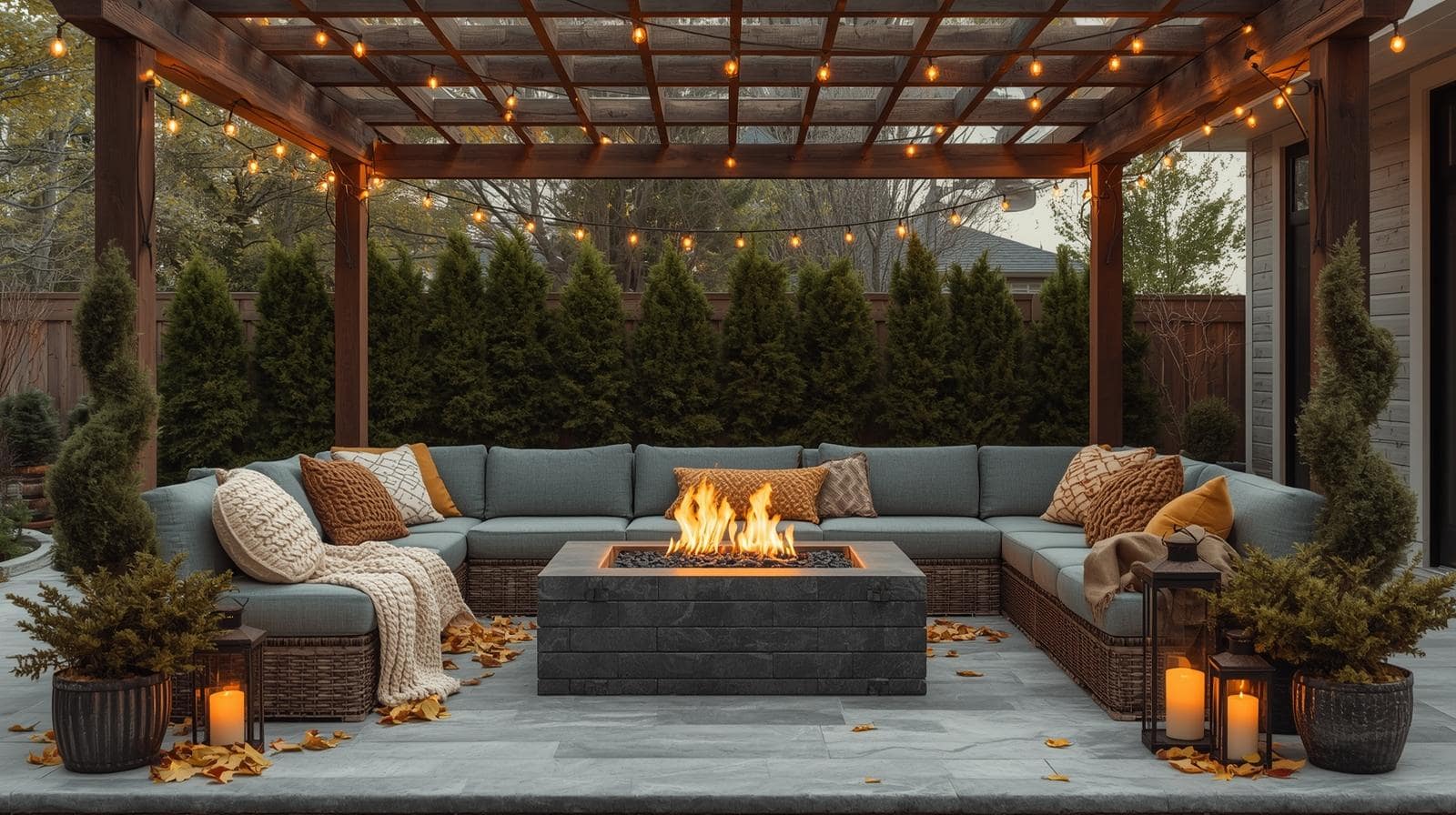 luxurious patio with couches and fire table