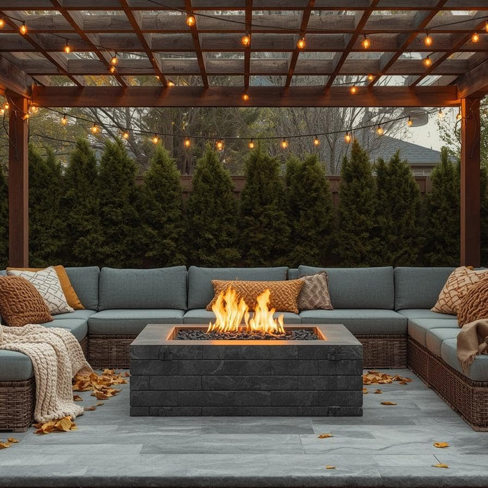 luxurious patio with couches and fire table