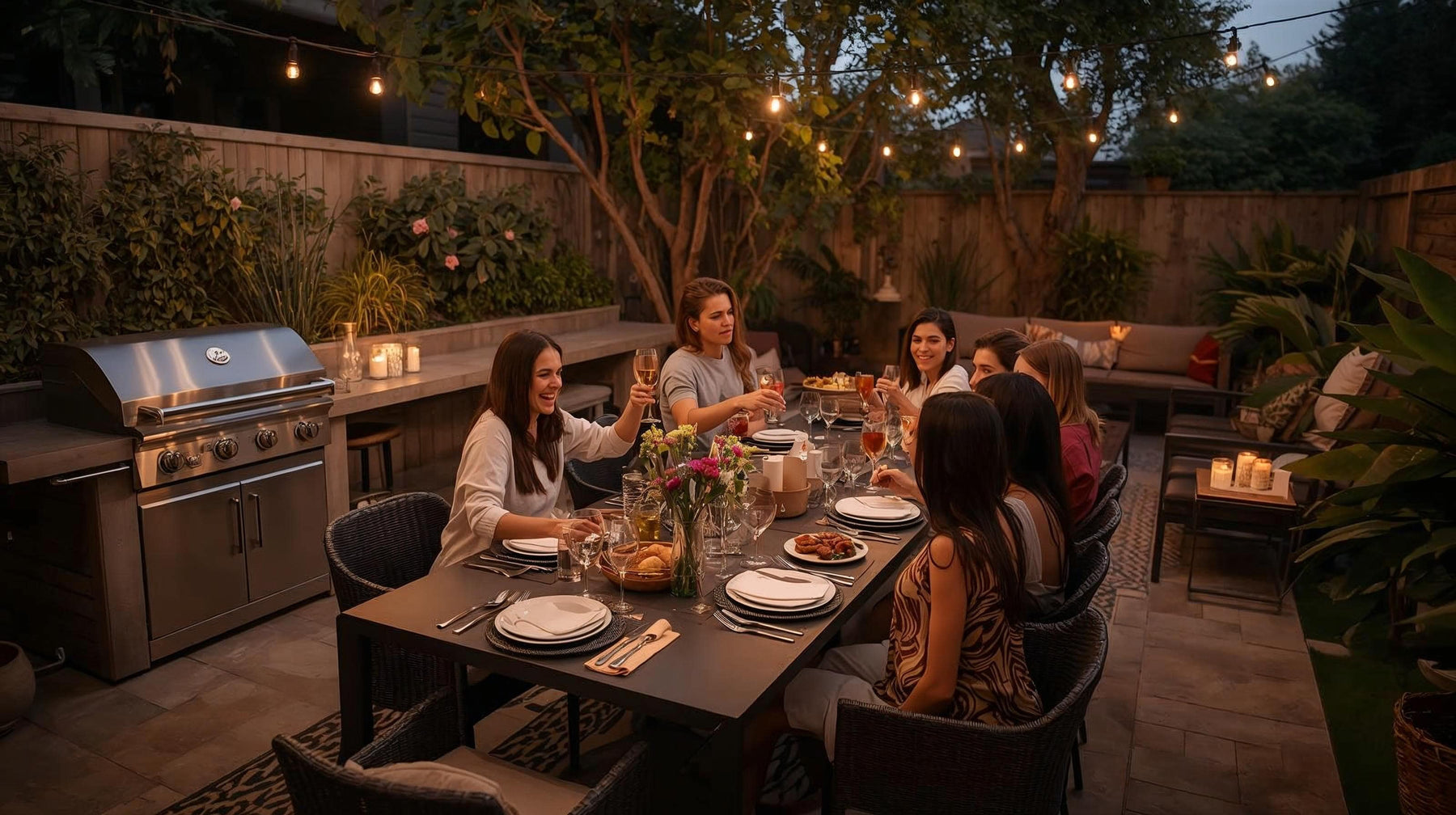 A natural evening patio dining scene with string lights and a built-in grill, showing Airbnb guests enjoying dinner and drinks around a modern outdoor table surrounded by lush plants.
