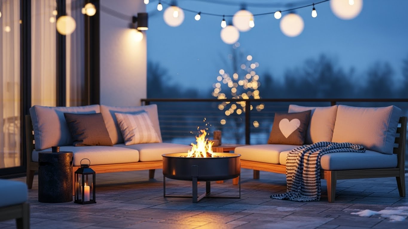 Valentine’s Day Airbnb ideas: cozy winter patio with fire pit, string lights, and lounge seating.