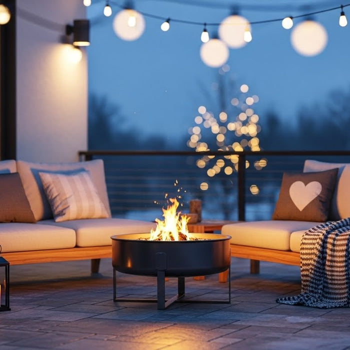 Valentine’s Day Airbnb ideas: cozy winter patio with fire pit, string lights, and lounge seating.