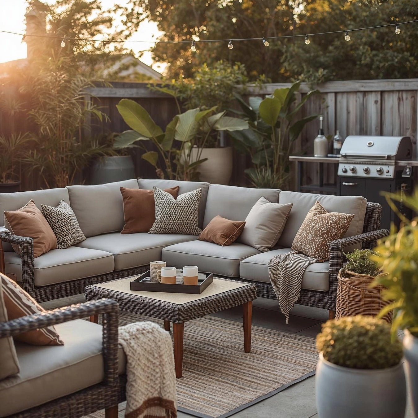 Cozy outdoor patio with wicker seating, pillows, plants, and a grill at sunset.