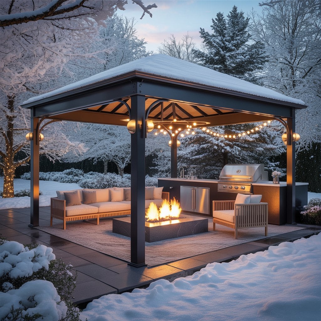 Covered winter patio with fire pit, grill and lounge seating.