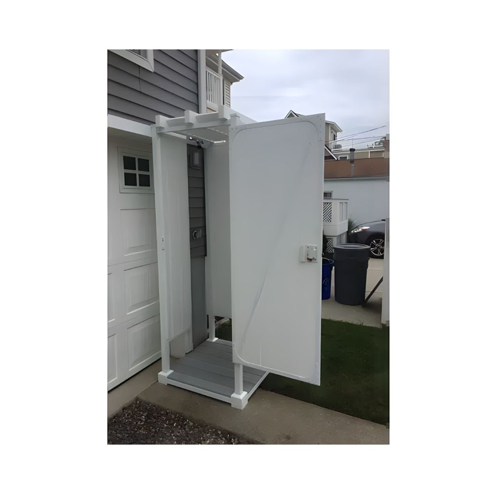 4_sided_todd_pod_outdoor_shower_kit_in_front_of_garage
