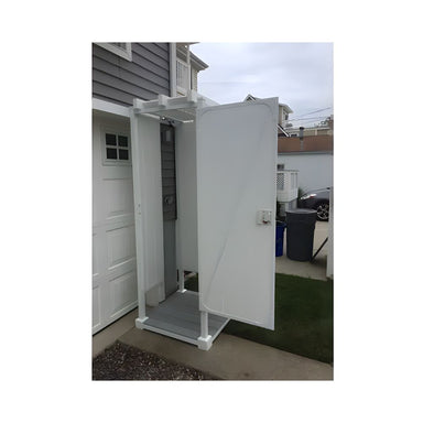 4_sided_todd_pod_outdoor_shower_kit_in_front_of_garage