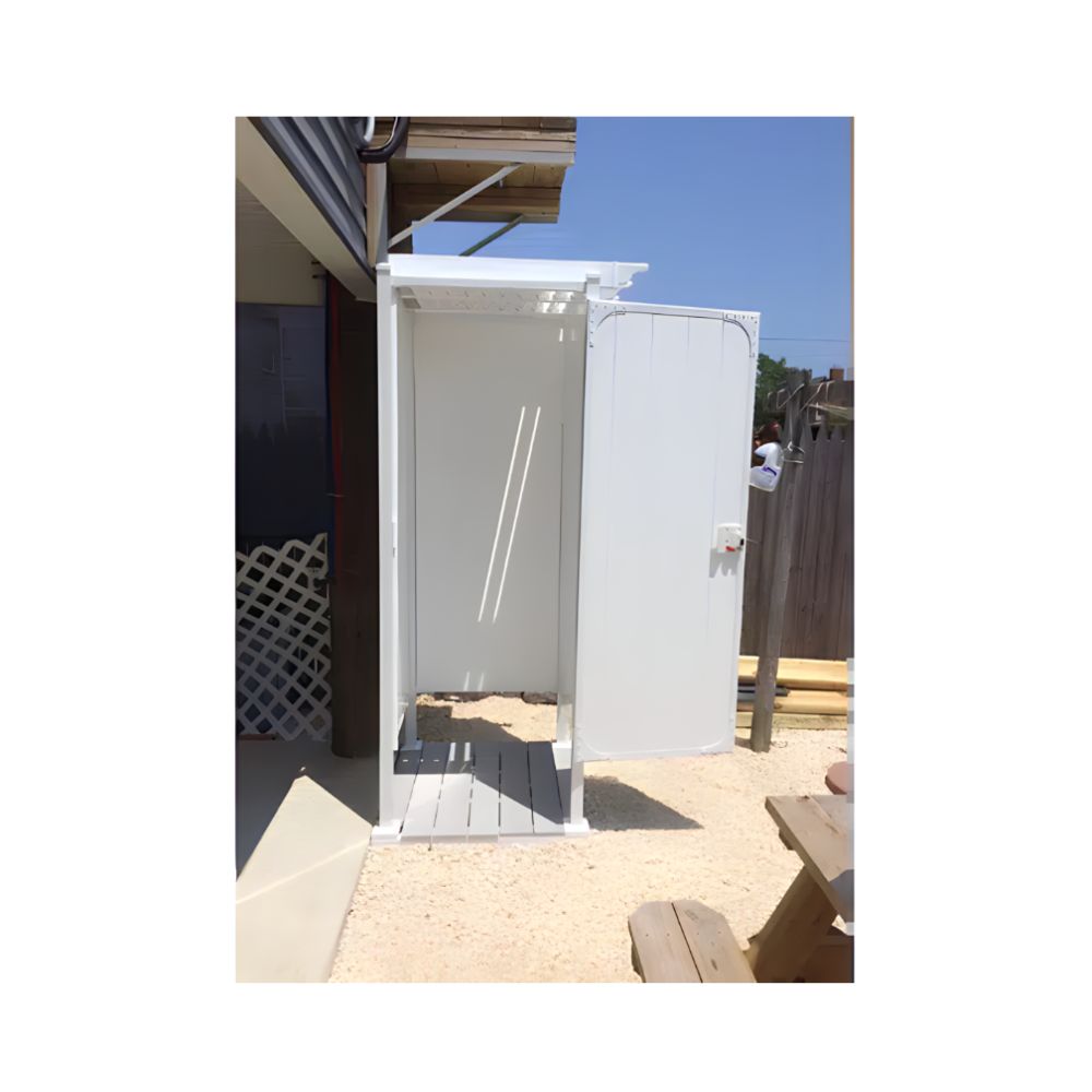 4_sided_todd_pod_outdoor_shower_kit_in_front_of_garage