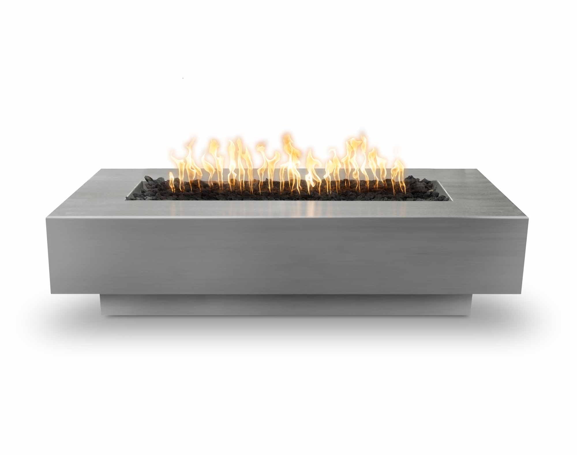 stainless steel coronado fire pit table with flames