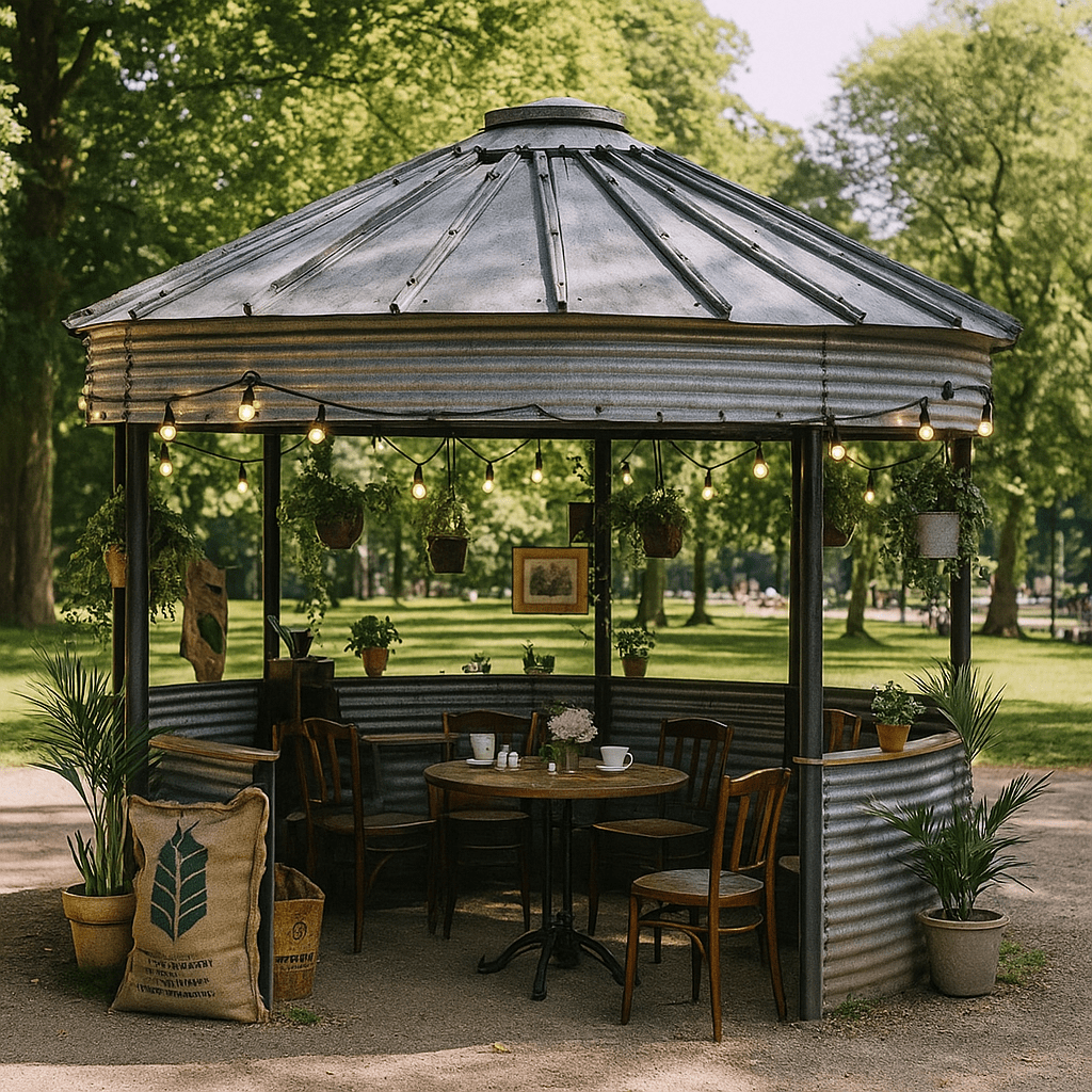coffe table and chairs inside the grain bin gazebo