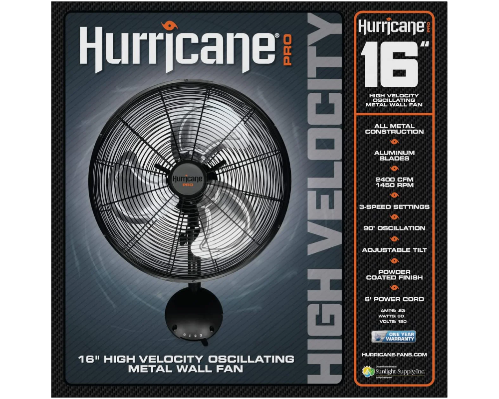 Hurricane® 16" Oscillating Wall Mounted Fan High Velocity - Black