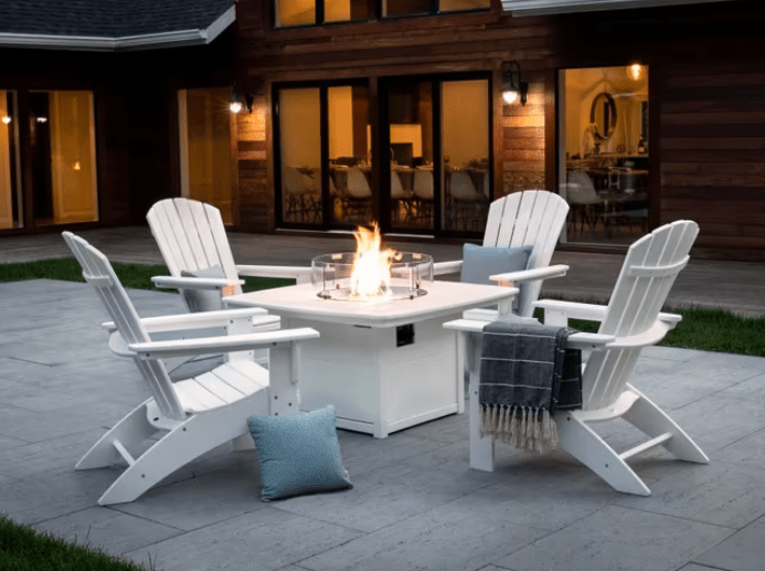 Polywood Nautical 5-Piece Curveback Adirondack Set with Fire Pit Table